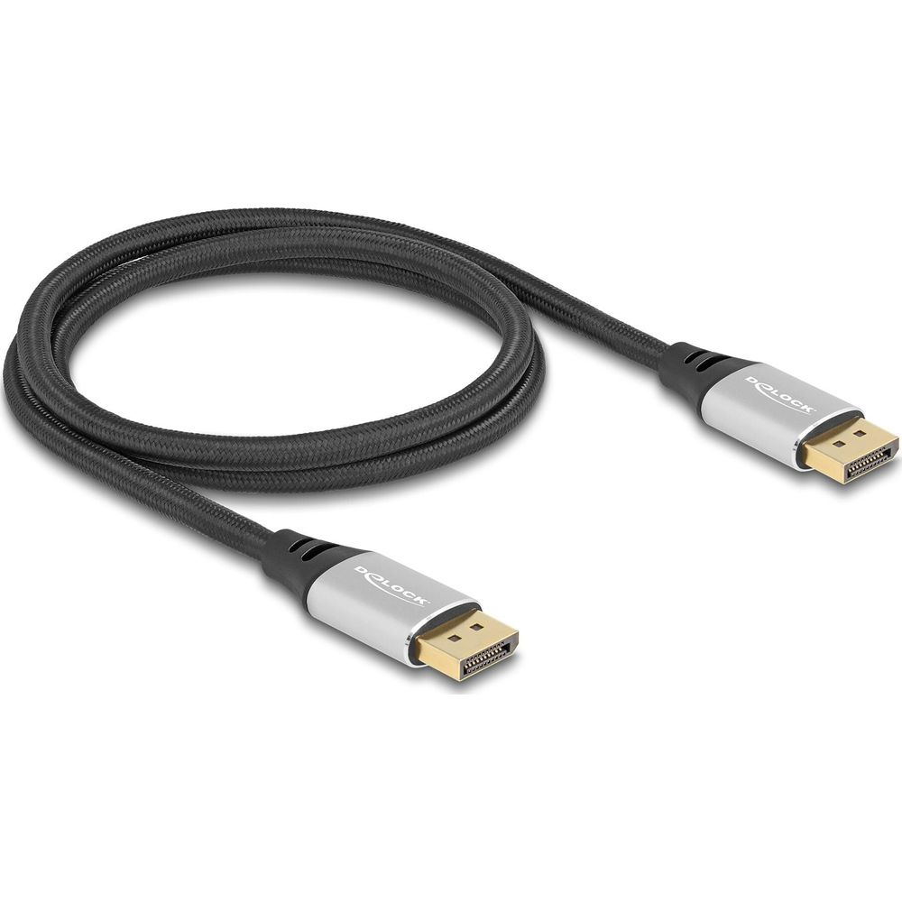 Ein schwarzes DisplayPort-Kabel mit silbernen Anschlüssen mit dem DELOCK-Logo.