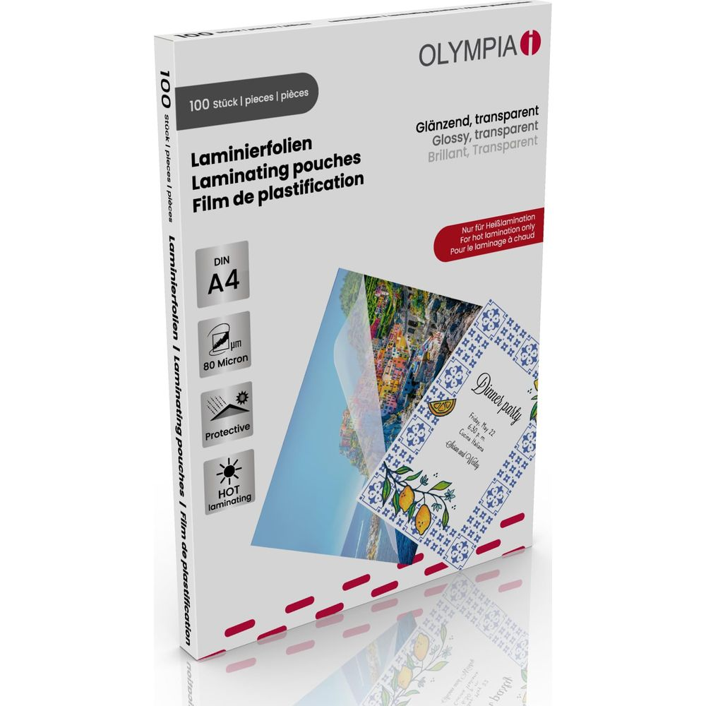 Verpackung für Olympia A4 Laminierfolien, glänzend und transparent.