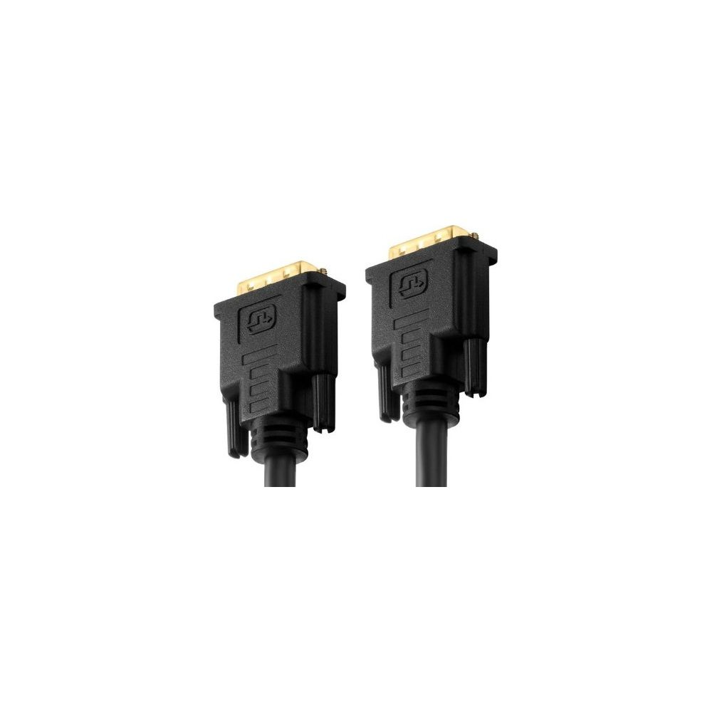 Zwei schwarze DVI-Kabelstecker mit goldenen Pins auf weißem Hintergrund.