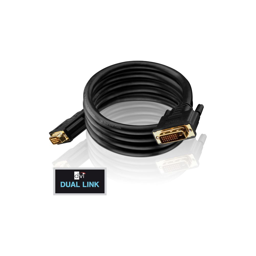 Schwarzes DVI Dual Link Kabel mit goldenen Anschlüssen, auf weißem Hintergrund.