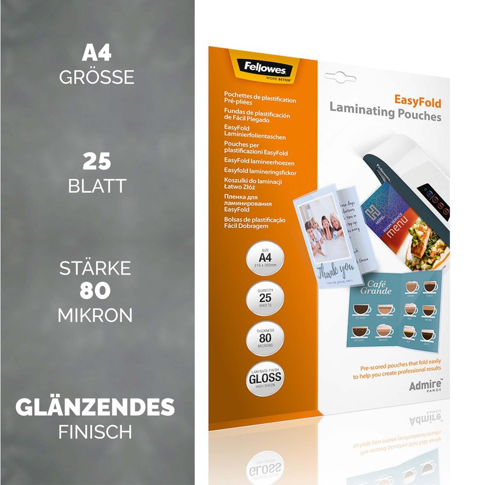 Fellowes A4 Laminierfolien, 25 Stück, 80 Mikron, glänzende Oberfläche.