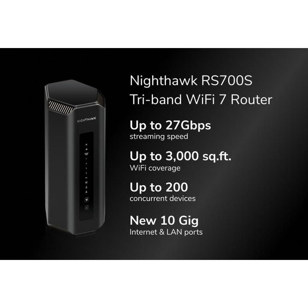 Czarny router Nighthawk RS700S WiFi 7 o prędkości do 27 Gbps.
