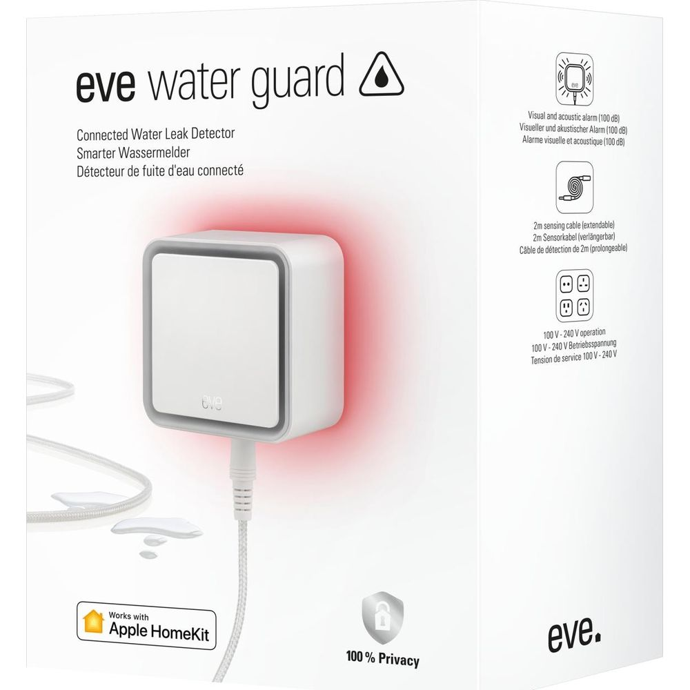 Un Eve Water Guard blanco con halo de luz roja, conectado por cable.