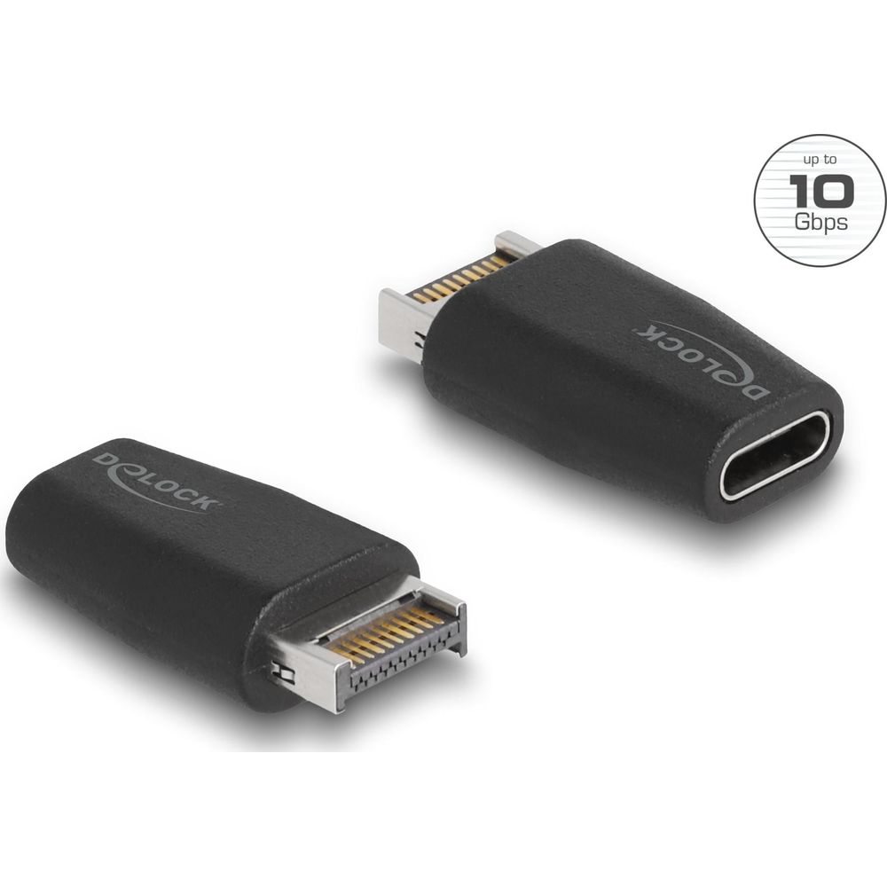 Due adattatori neri DELOCK con USB-C e un altro connettore. Fino a 10 Gbps.