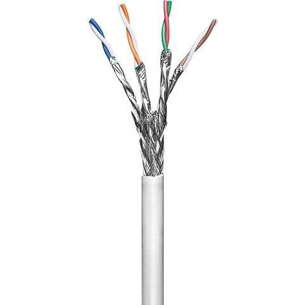Un cavo bianco con fili esposti e schermati blu, arancioni, verdi e marroni.