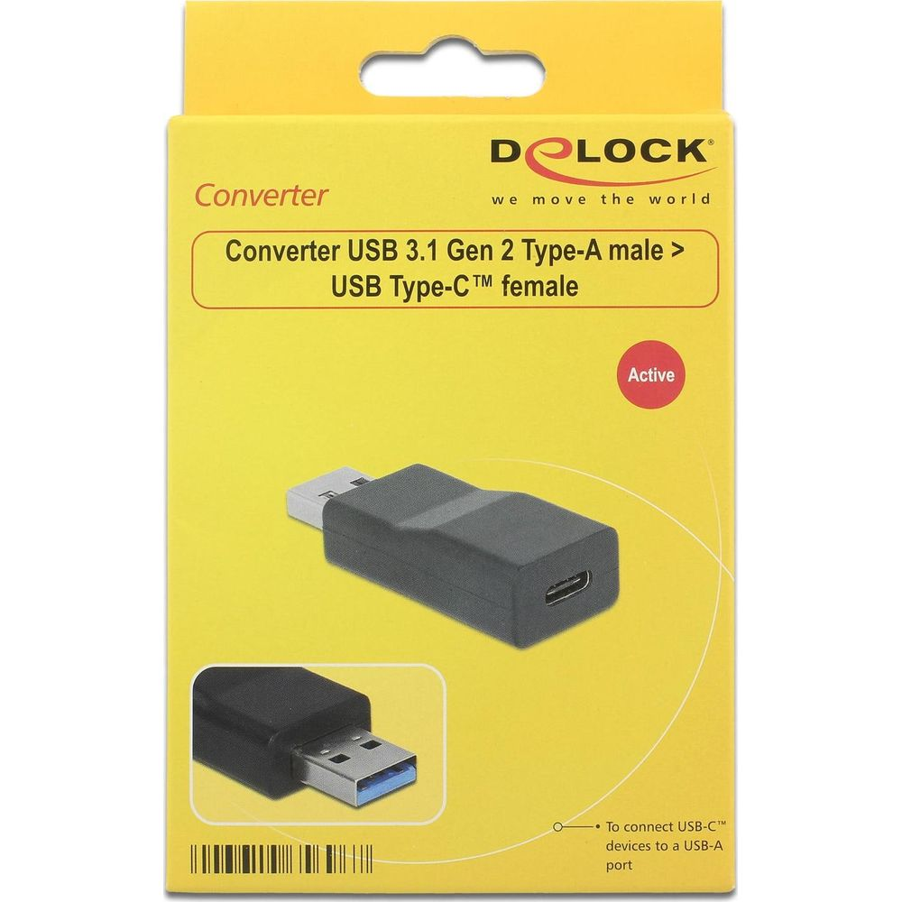 Un adattatore USB-C a USB-A nero su confezione gialla.