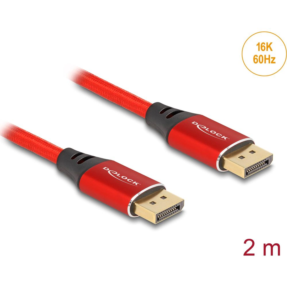 Rotes Kabel mit DisplayPort-Anschlüssen, 2m lang, unterstützt 16K 60Hz.