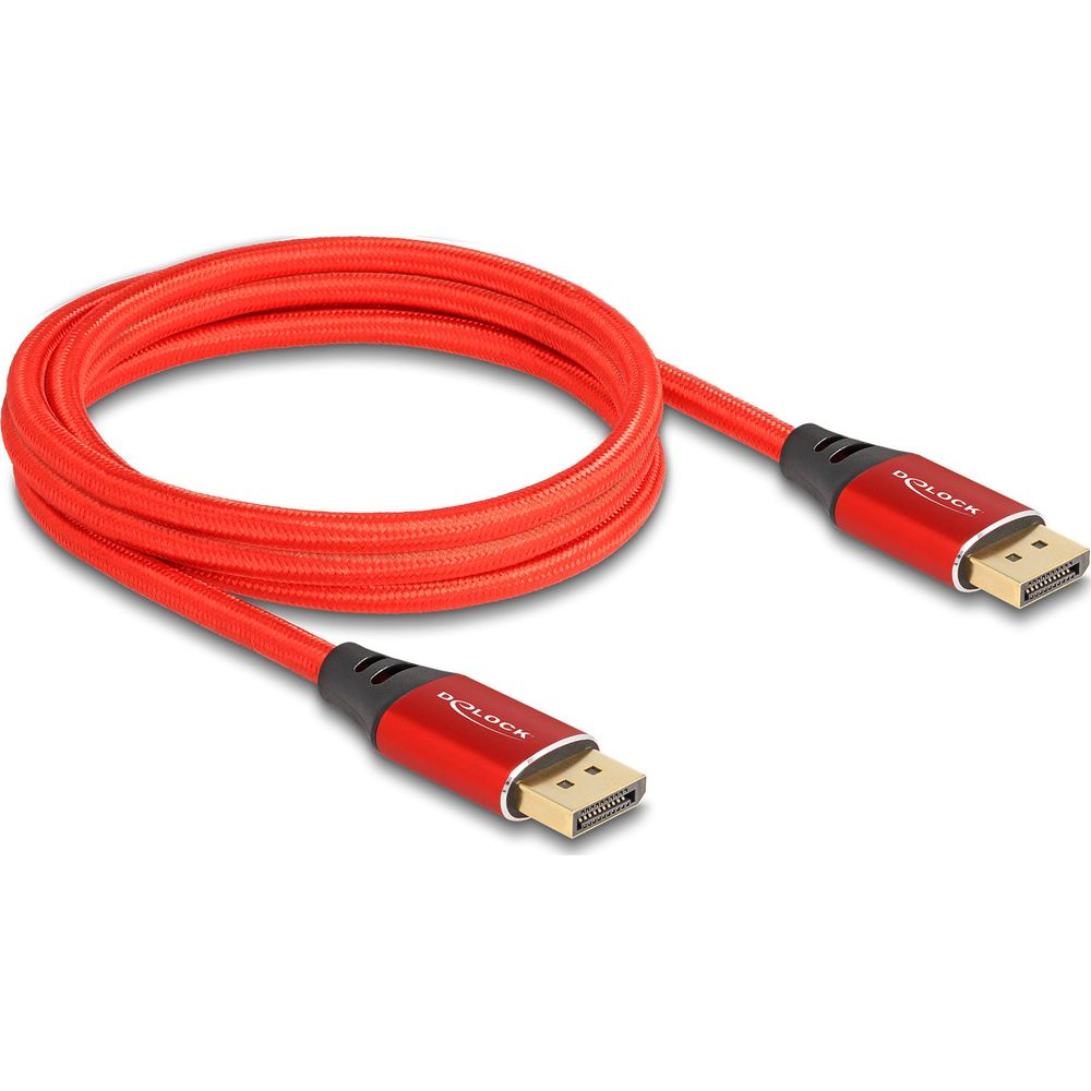 Ein rotes DisplayPort-Kabel mit schwarzen Steckergehäusen und goldenen Kontakten.