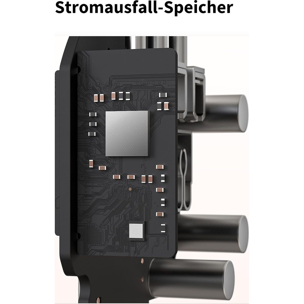 Ein schwarzes elektronisches Bauteil mit Leiterbahnen und einem Chip.