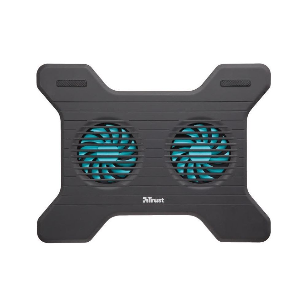 Raffreddatore nero per laptop con due ventole turchesi e logo Trust.