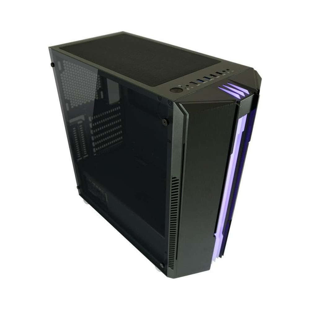 Schwarzes Computergehäuse mit Glasfenster und violetten Lichtern.