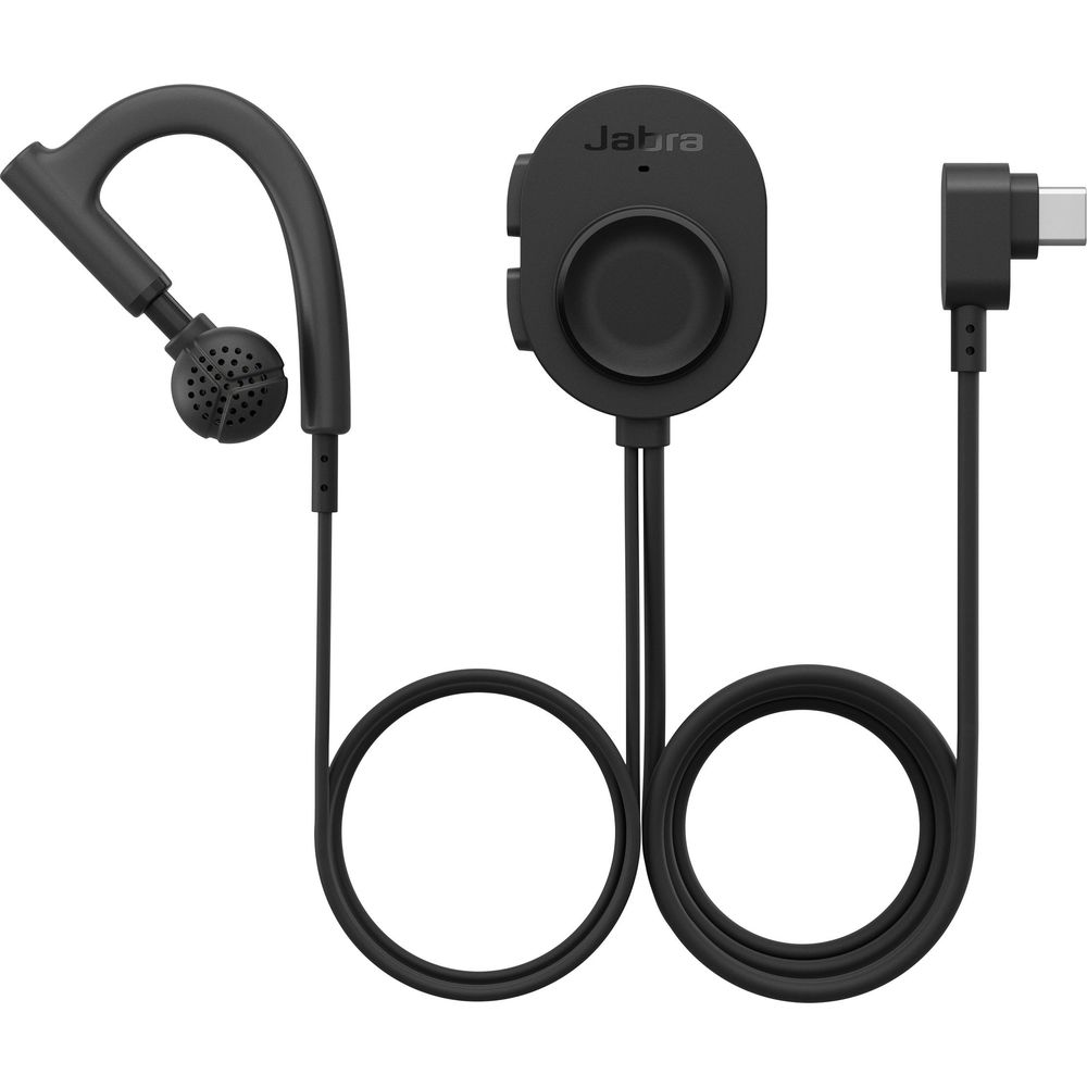 Un auricolare Jabra nero con connettore USB-C giace su sfondo bianco.