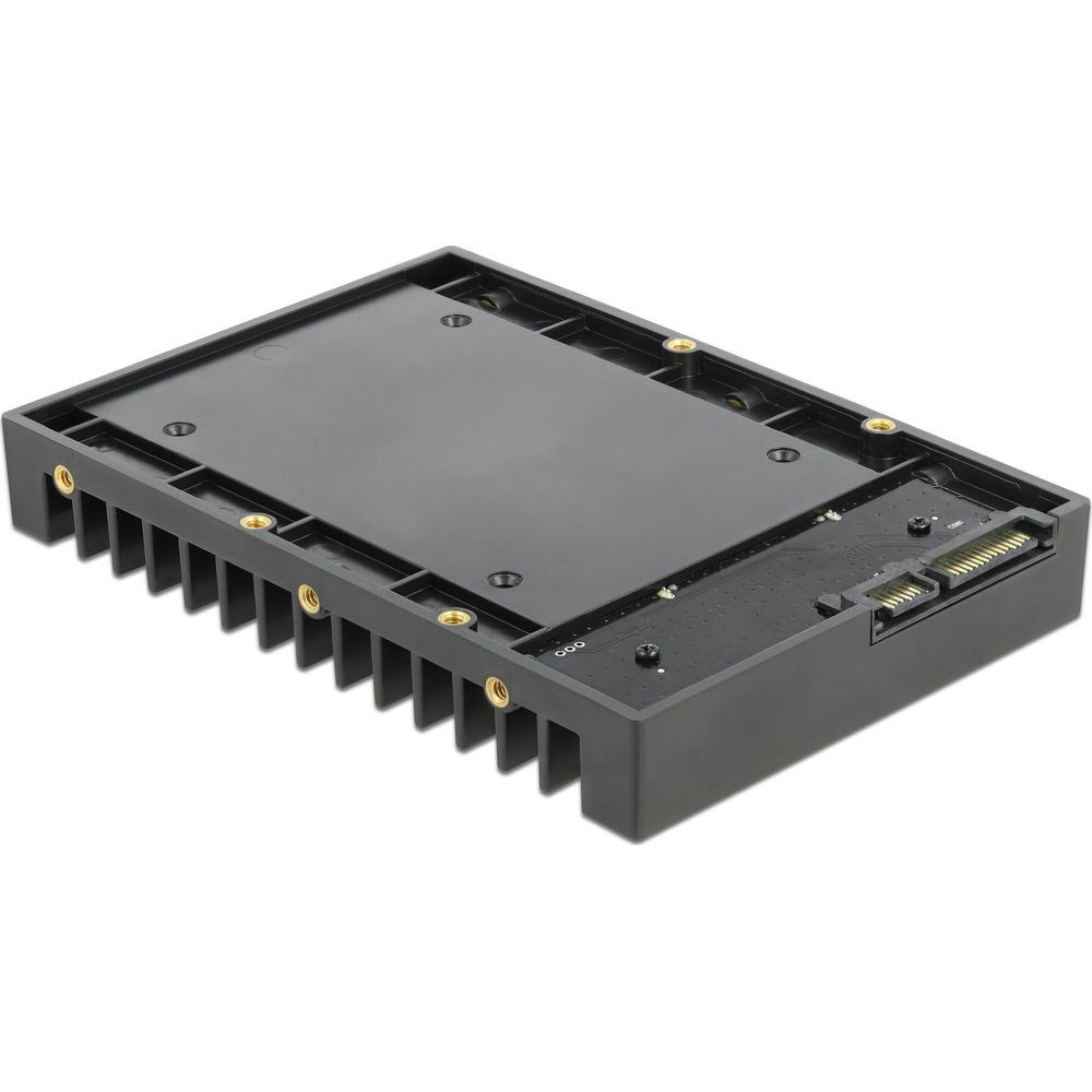 Schwarzes Gehäuse mit Kühlrippen und Anschlüssen für Elektronik.
