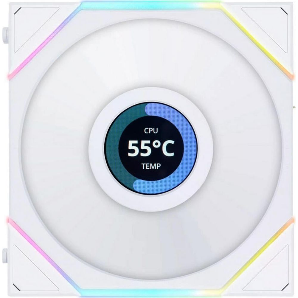 Un ventilateur PC blanc avec écran affichant 55°C.