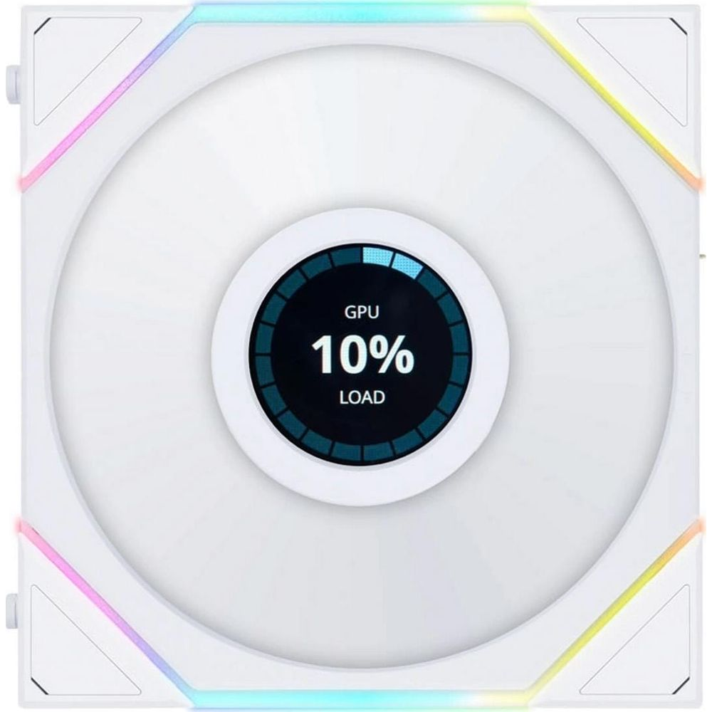 Un ventilateur blanc avec un écran circulaire affichant 10% de charge GPU.