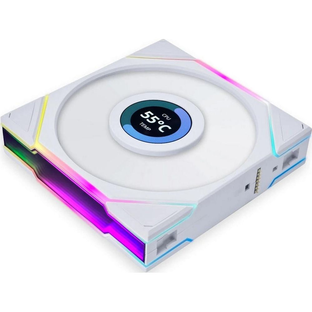 Un ventilateur PC blanc avec éclairage RVB affiche 55°C de temp. CPU.
