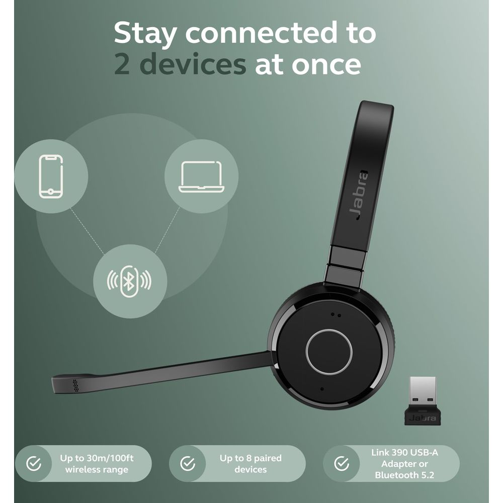 Zestaw słuchawkowy Jabra z adapterem Bluetooth, łączy się z 2 urządzeniami.