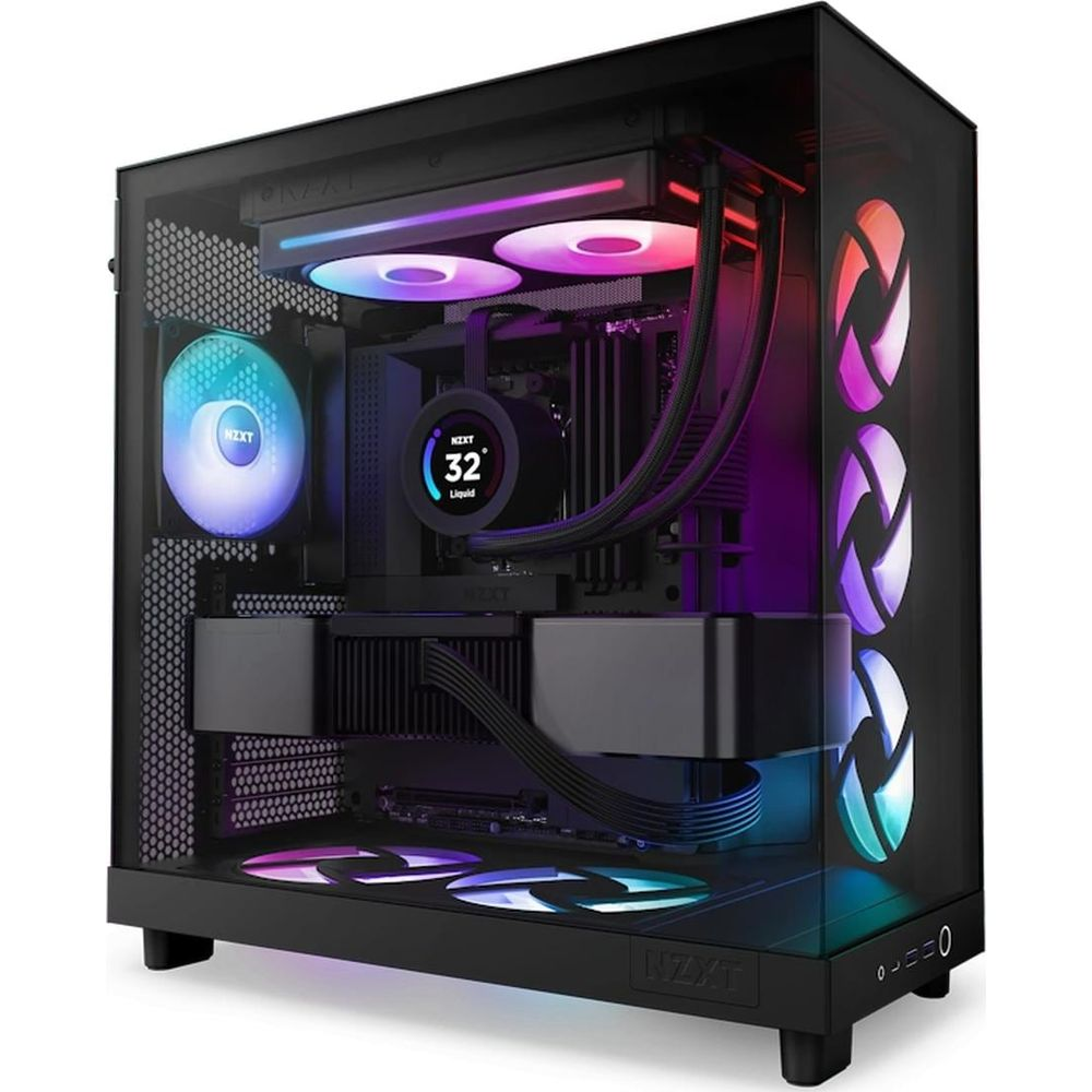 Ein schwarzer PC-Tower mit durchsichtiger Seitenwand und RGB-Lüftern.