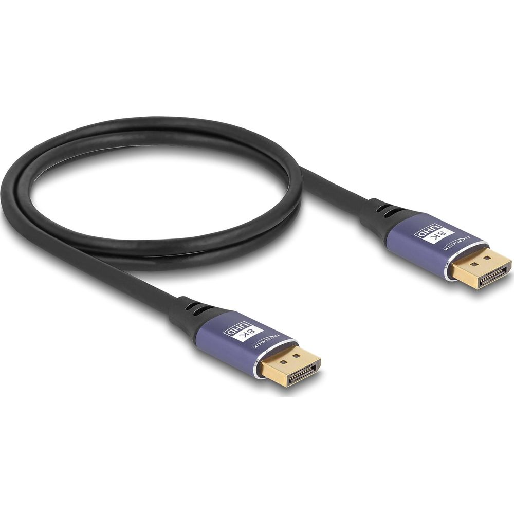 Ein schwarzes Kabel mit blauen Anschlüssen, die 8K UHD anzeigen.