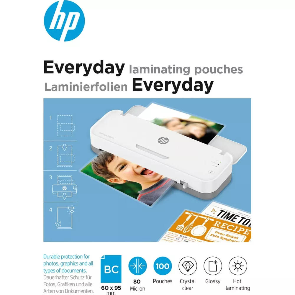 HP Laminiergerät mit einem Kind auf einem laminierten Foto und Rezeptkarten.
