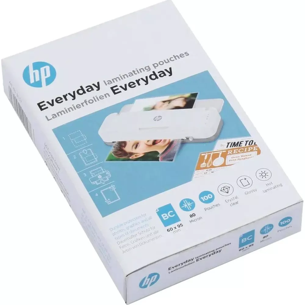 HP Everyday Laminierfolien-Verpackung mit Bildern eines Laminiergeräts und Kindern.