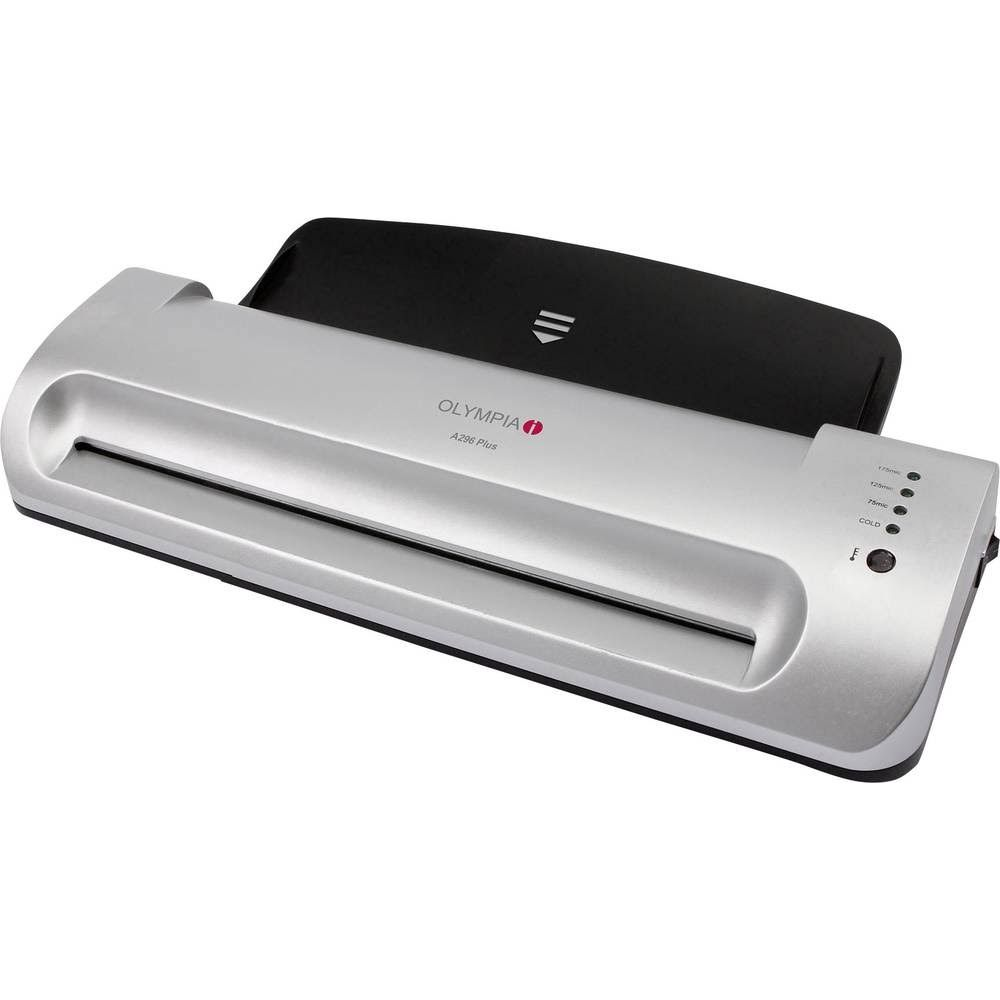 Silberner Olympia A396 Plus Laminator mit schwarzem Einzug und Bedienelementen.