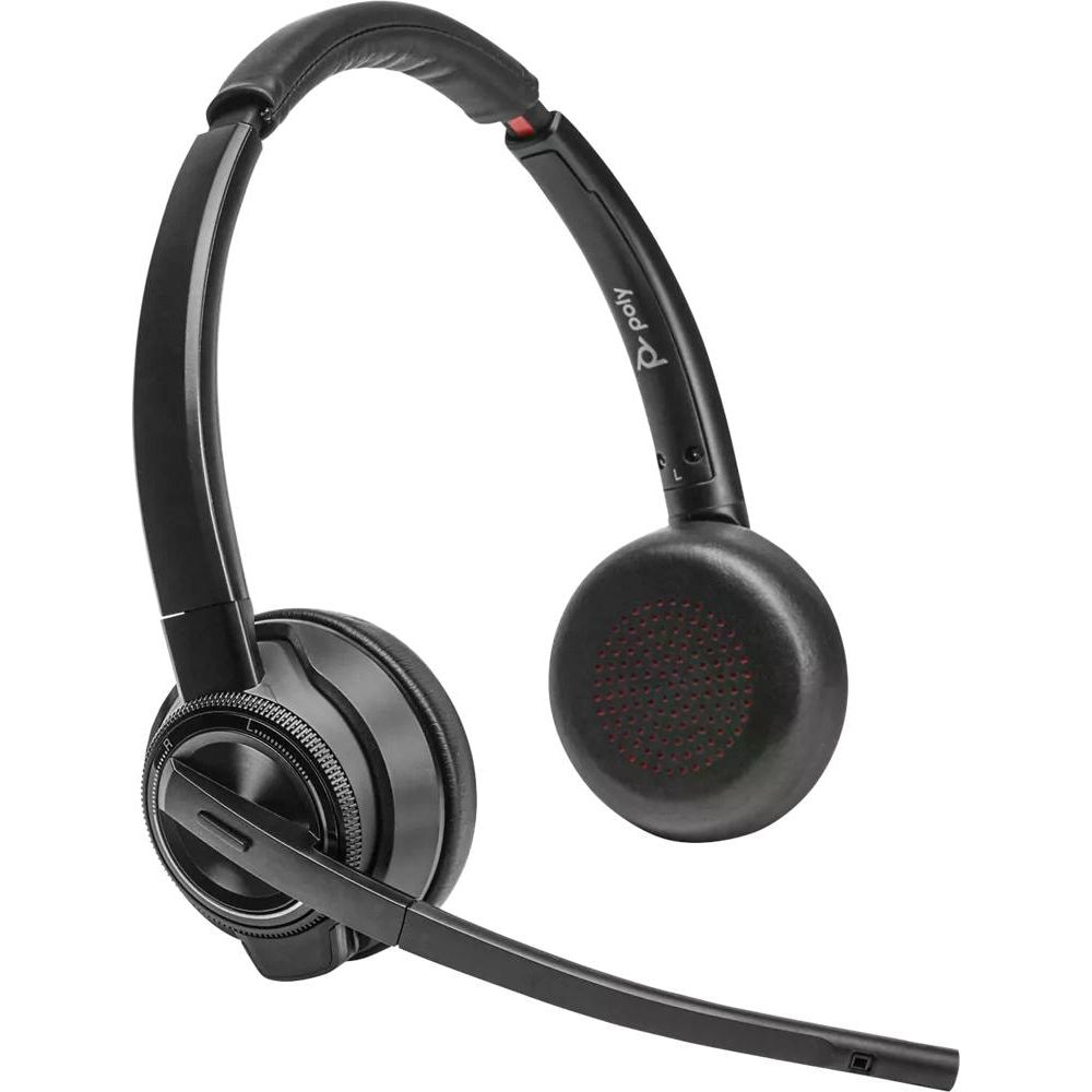 Zwarte Poly headset met microfoon en rood rooster op oorschelp.