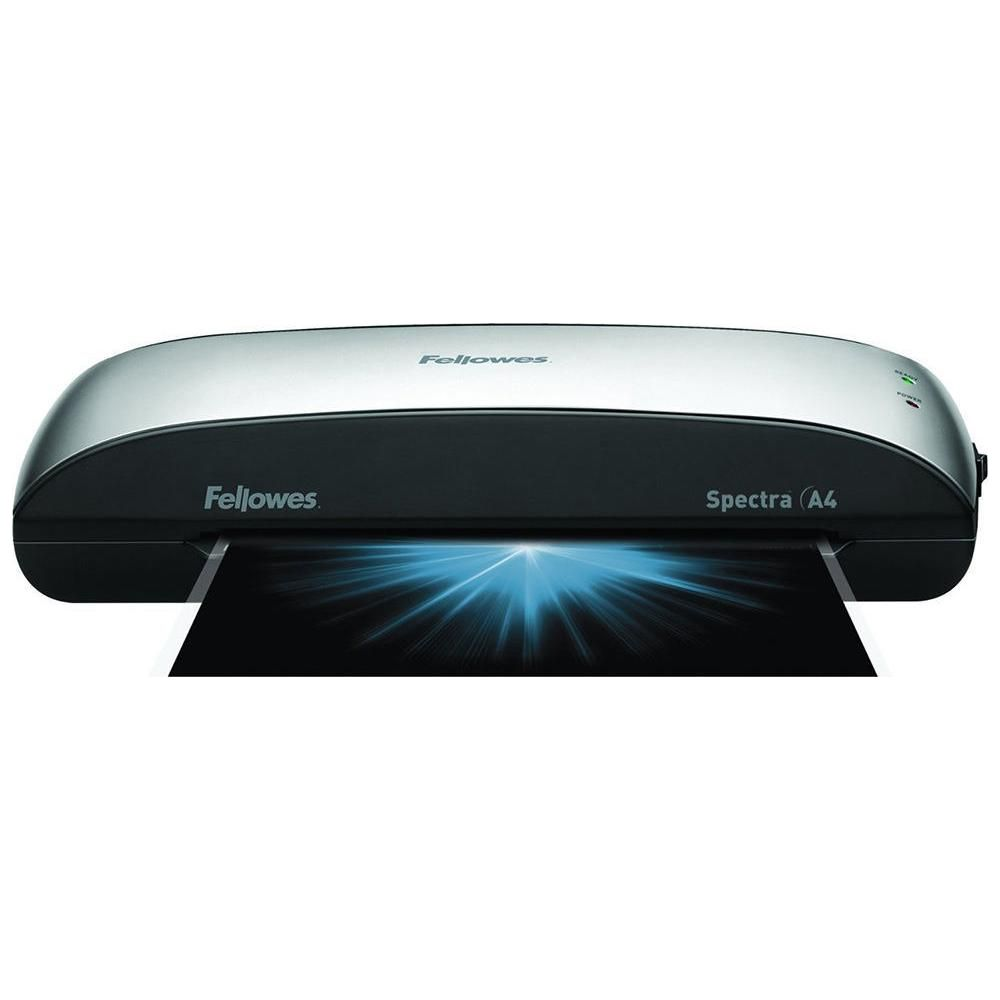 Laminator Fellowes Spectra A4 z niebieską wiązką światła wychodzącą ze szczeliny.