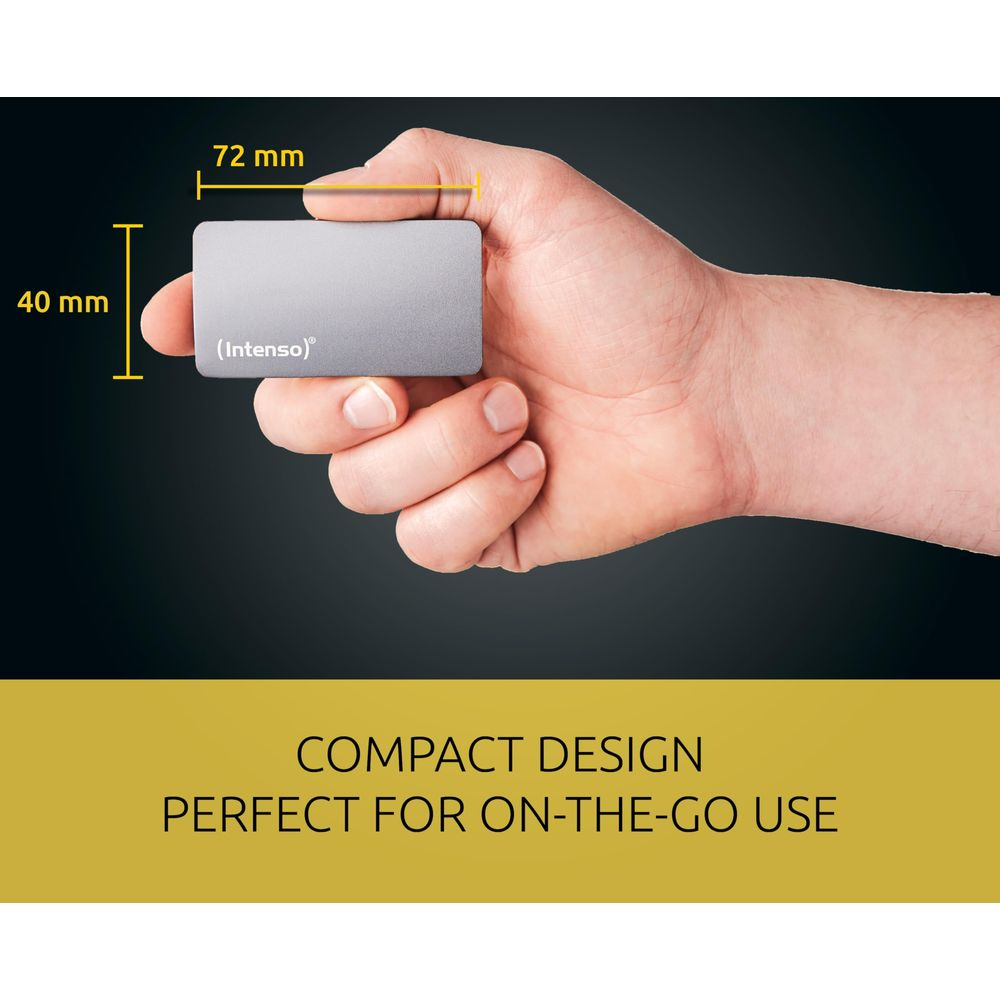 Dłoń trzyma małe, srebrne urządzenie o wymiarach 72x40 mm.