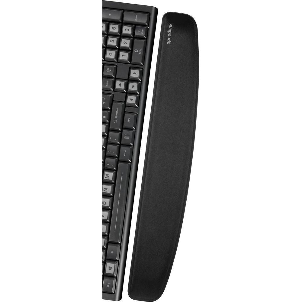 Schwarze Tastatur mit schwarzer Speedlink Handballenauflage. Die Tasten sind sichtbar.