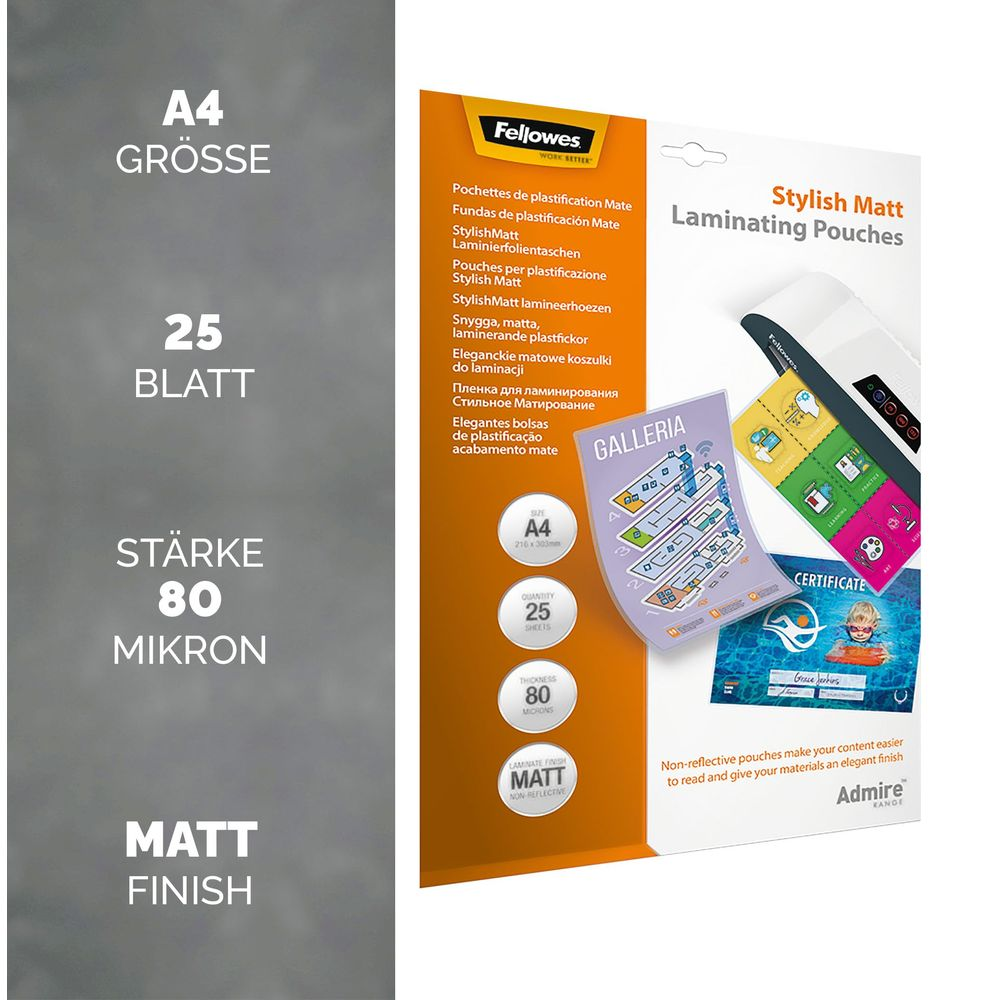 Fellowes A4 Matt Laminierfolien, 25 Blatt, 80 Mikron Stärke.
