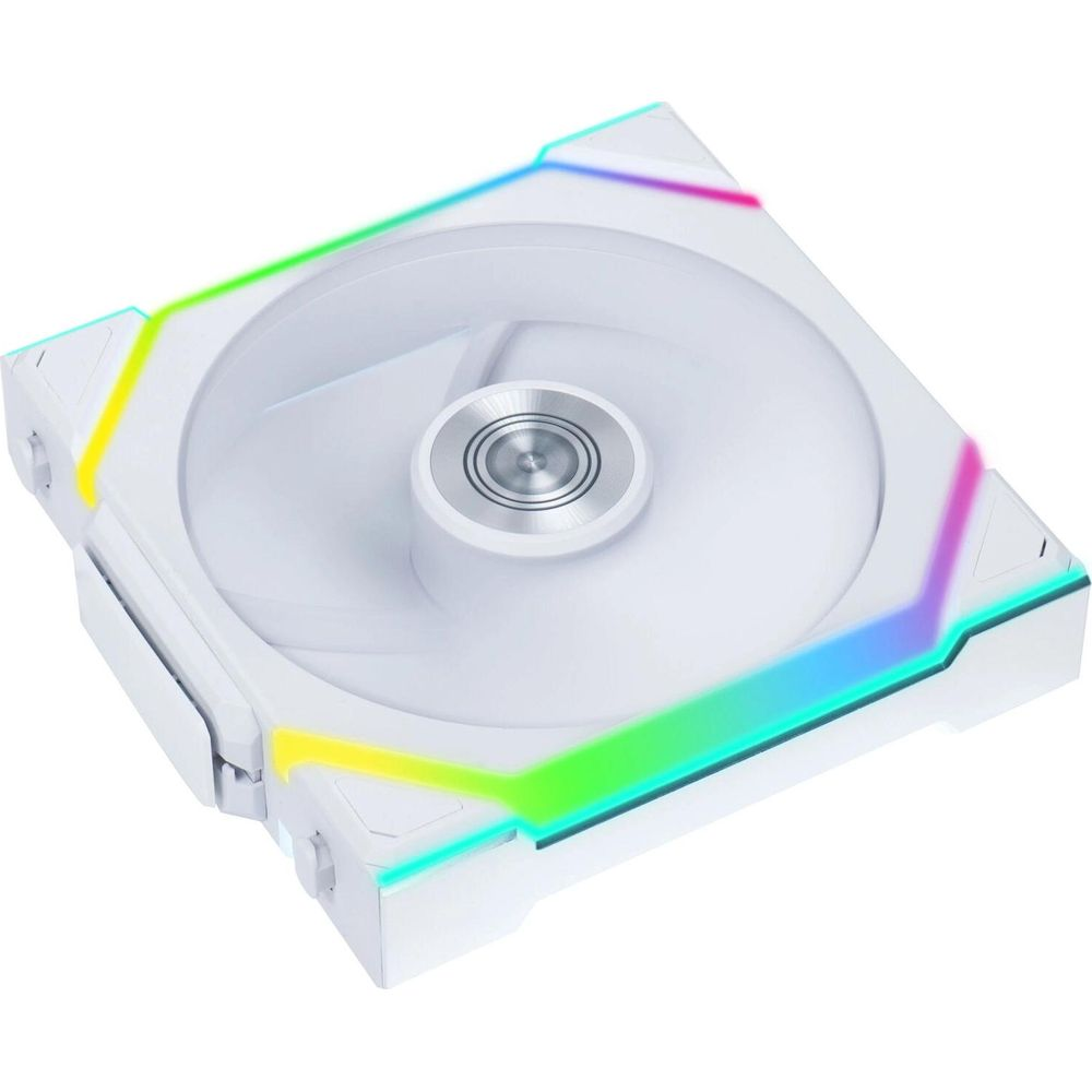 Kenarlarında renkli RGB LED'lere sahip beyaz bir PC fanı.