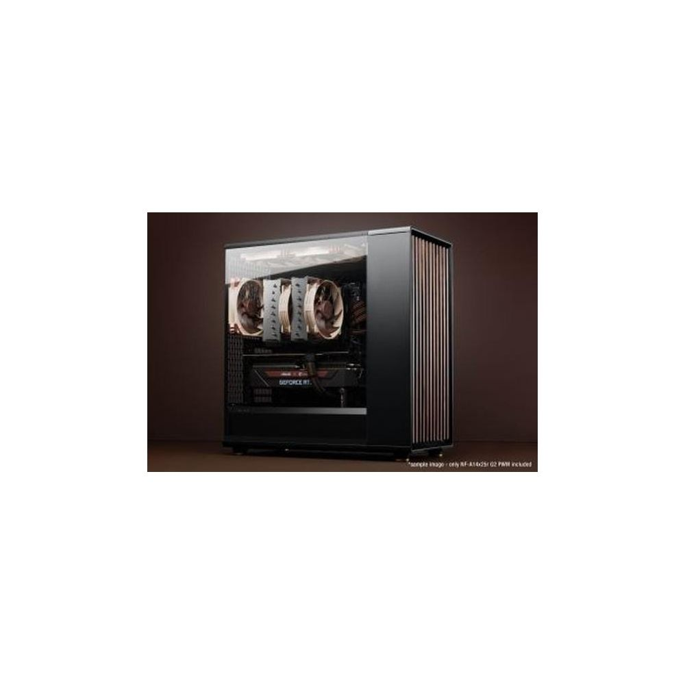 Schwarzer PC-Gehäuse mit Glasfenster, Lüftern und Grafikkarte.
