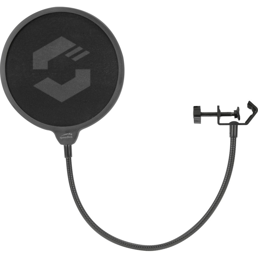 Schwarzer Pop-Schirm mit Halterung und flexiblem Schwanenhalsarm.