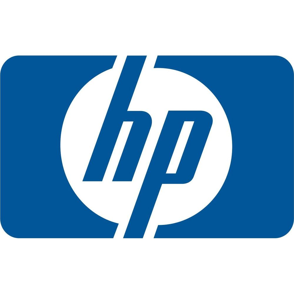 Il logo HP è bianco su sfondo blu con angoli arrotondati.