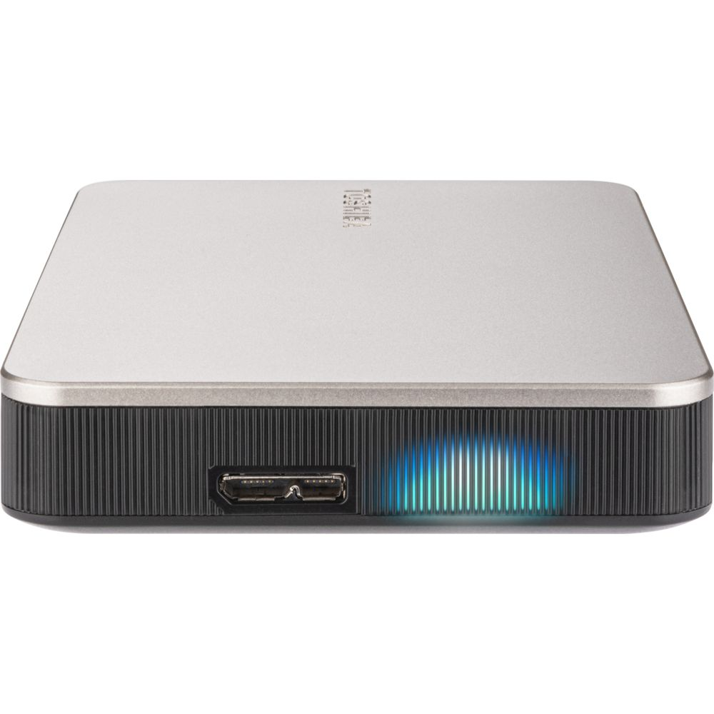 Srebrny dysk zewnętrzny z portem USB i niebieską diodą LED.