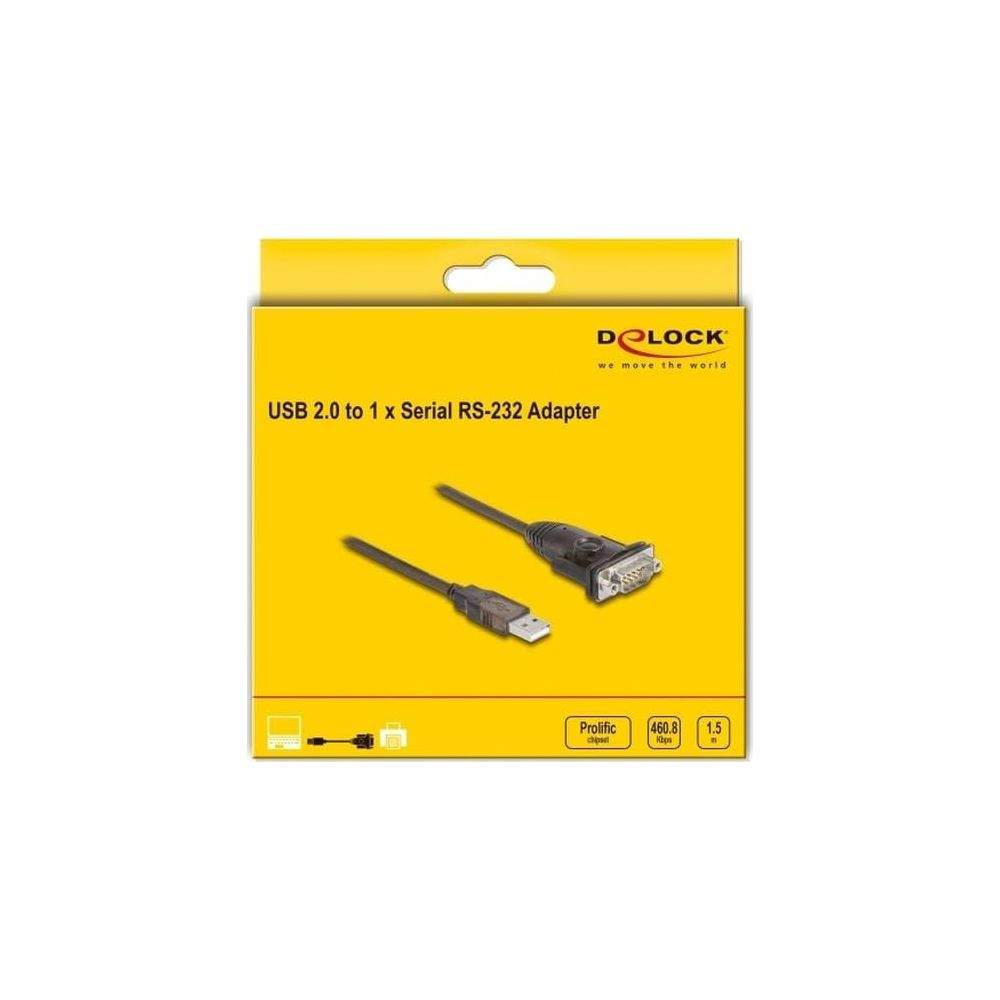 Scatola adattatore Delock USB 2.0 a Seriale RS-232 con cavo e connettore.