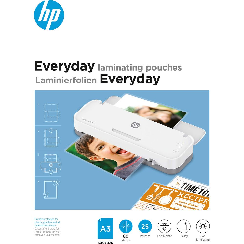 Plastificatrice HP con busta e foto di un bambino.