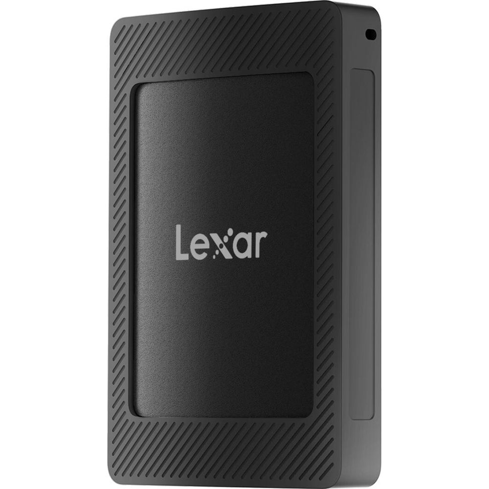 Hard disk esterno Lexar nero con bordi testurizzati, su sfondo bianco.