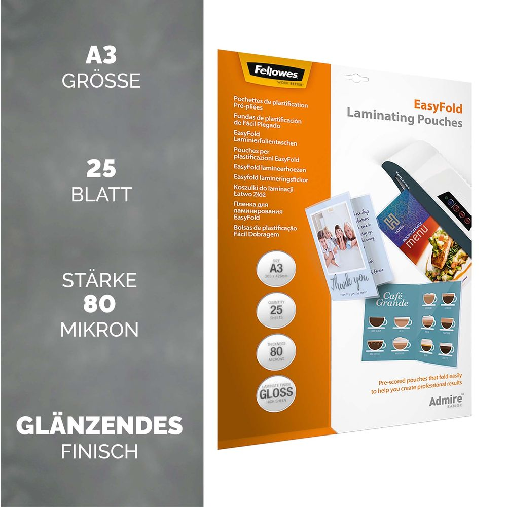 Fellowes A3 laminierfolien, 25 Blatt, 80 Mikron, glänzend.