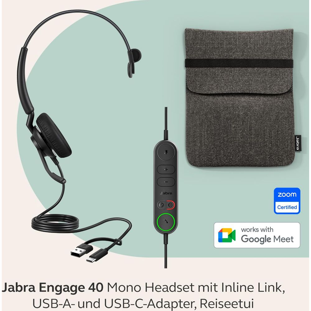Cuffie Jabra Engage 40 Mono con custodia, link in linea, adattatore USB-A/C.