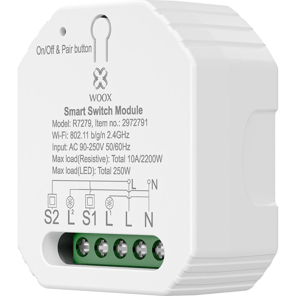 Un modulo Woox Smart Switch bianco con terminali ed etichette.