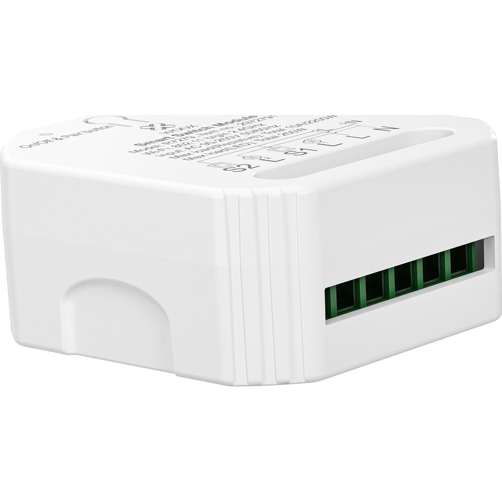 Un modulo interruttore smart bianco con etichette e connettori verdi.