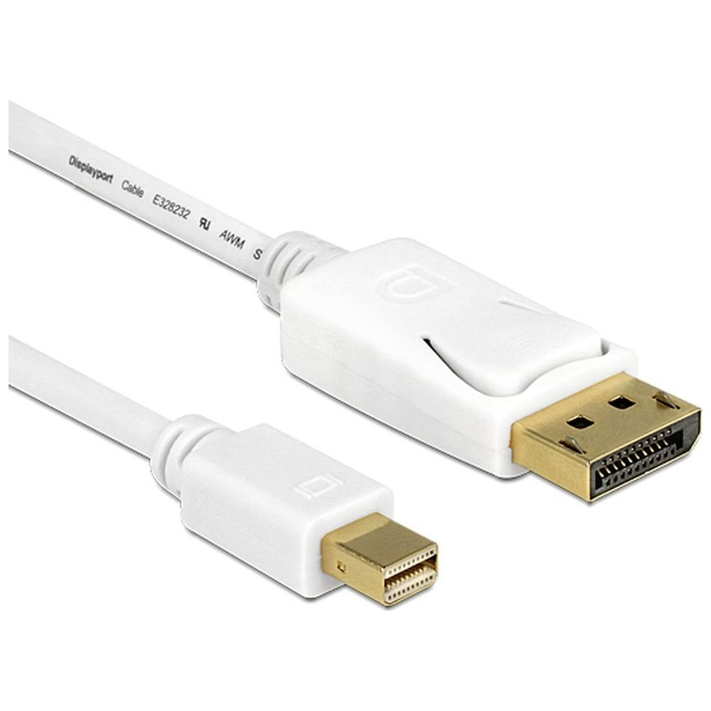 Un cavo DisplayPort bianco con connettori Mini DisplayPort e DisplayPort.