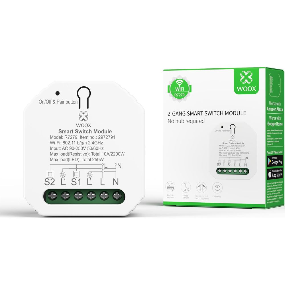 Un interruttore smart WOOX bianco a 2 vie, con etichette e terminali.