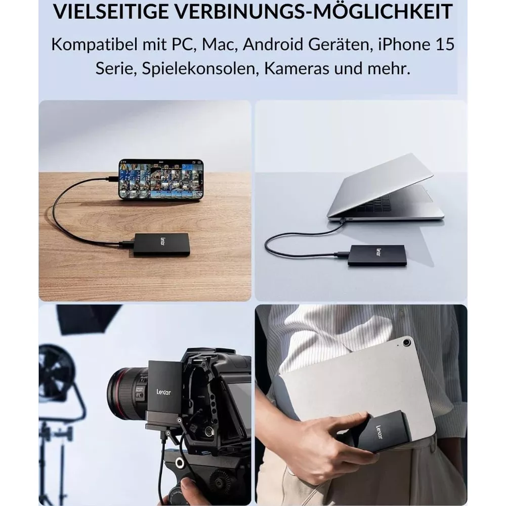 Cztery obrazy pokazują wszechstronność urządzenia ze smartfonem, laptopem, aparatem i tabletem.