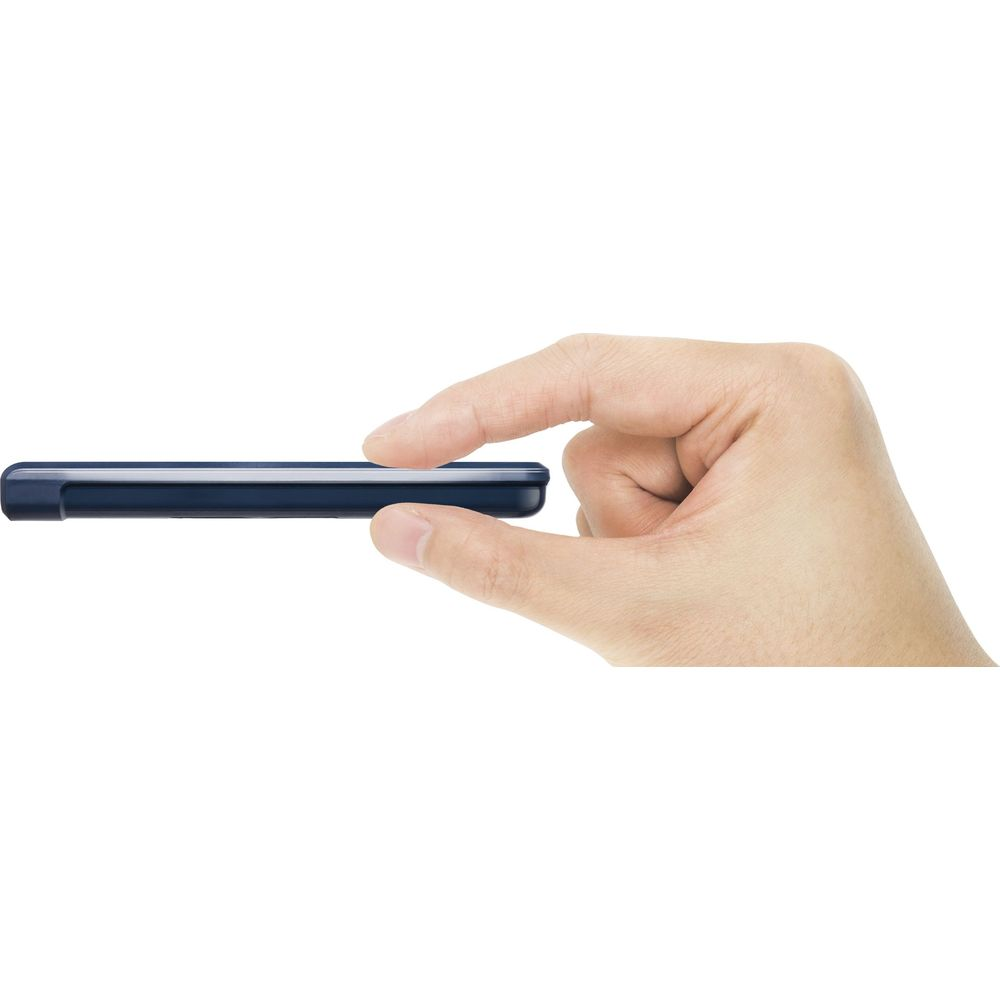 A hand holds a slim, dark blue object that resembles a phone.
