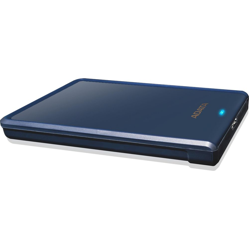 A dark blue ADATA external hard drive with a blue light indicator.