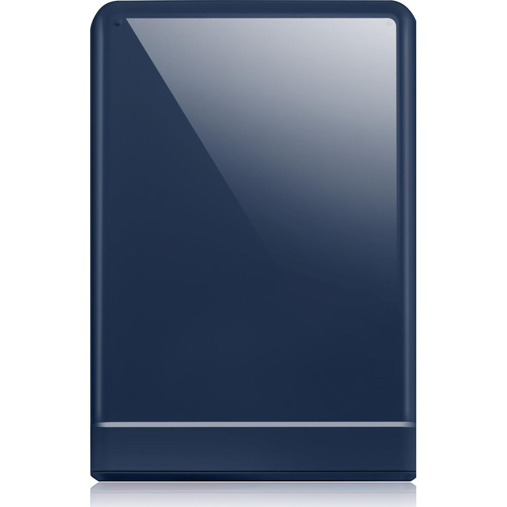 A dark blue, rectangular object with a glossy surface, on a white background.