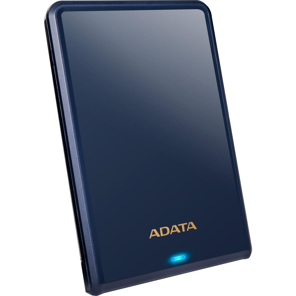 Dark blue ADATA external drive with a bright blue LED light.